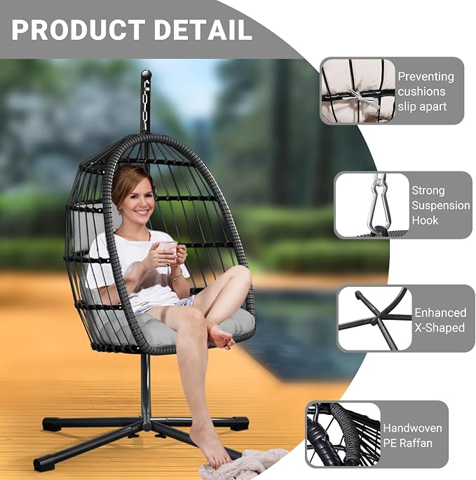 CHABATREE Egg Chair with Stand, Patio Rattan Wicker Hanging Swing Egg Chair - Image 5