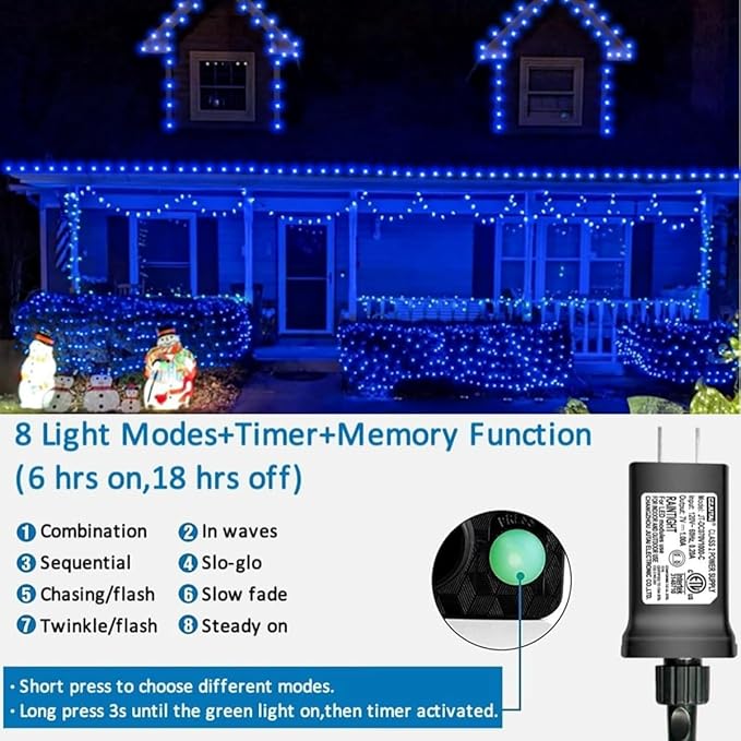 String Lights, 500 LED Blue Outdoor Waterproof, 165 ft Length