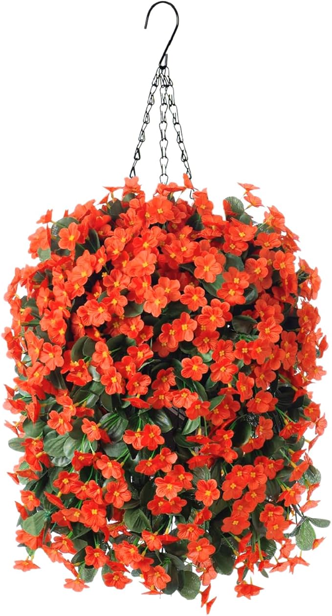 Artificial Flowers Hanging Basket, Faux Silk Orchid, Orange, 11 Inches Tall