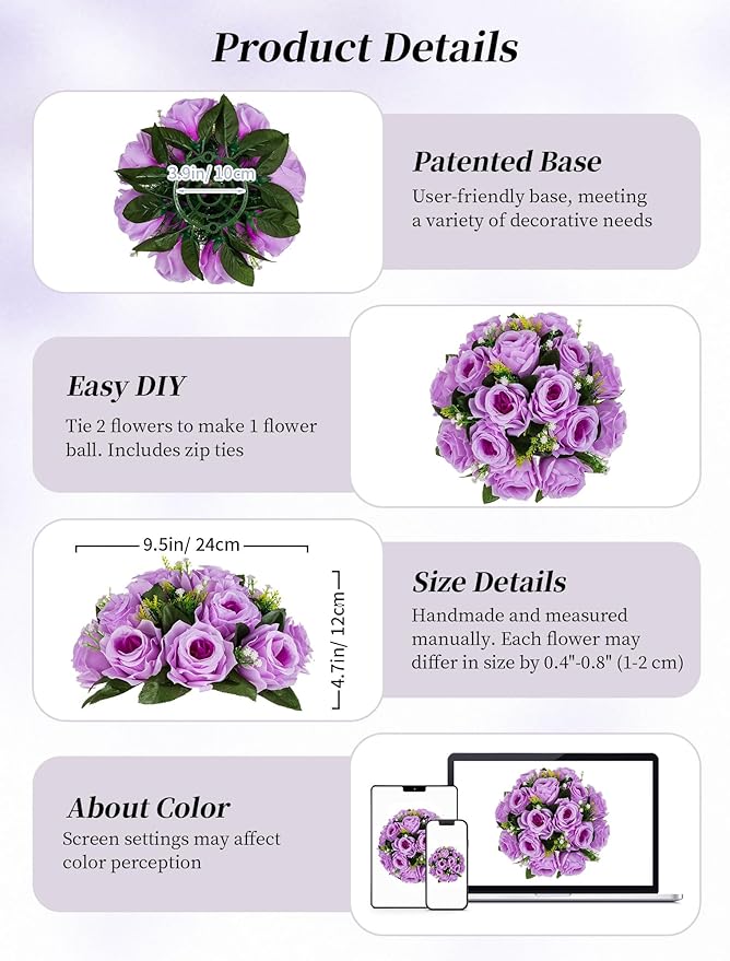Artificial Flower Balls, Lilac Silk Roses for Centerpieces