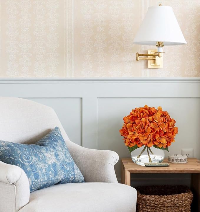 Artificial Fall Hydrangea Flowers with Glass Vase, Orange Silk, 9 x 9.5 in