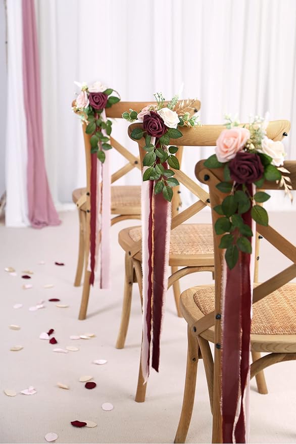 Artificial Flowers Wedding Chair Decor, Burgundy Roses, 10 Pack