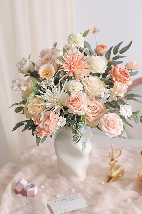Artificial Flowers Champagne Bulk Set, 31 Heads with 40 Stems and 11 Leaves