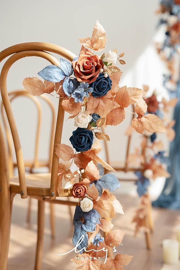 Artificial Wedding Aisle Flower Swags, 10 Pieces, Russet Orange and Denim Blue