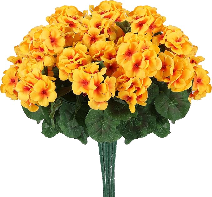 Artificial Geranium Flowers, Yellow Silk, 6 Bundles for Indoor/Outdoor Decor