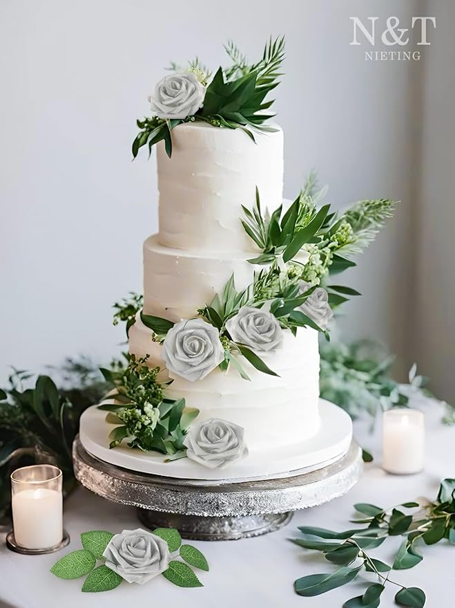 Artificial Flowers, 50 Silver White Foam Roses with Bendable Stems