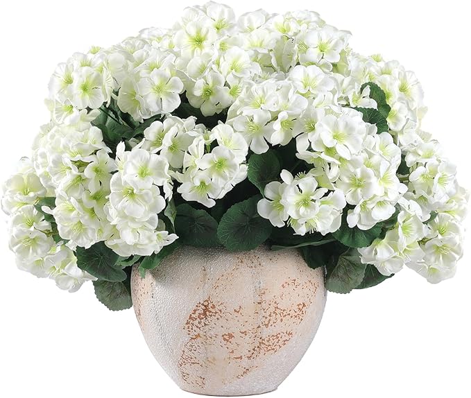 Artificial Geranium Flowers, White Silk, UV Resistant, 6 Bundles