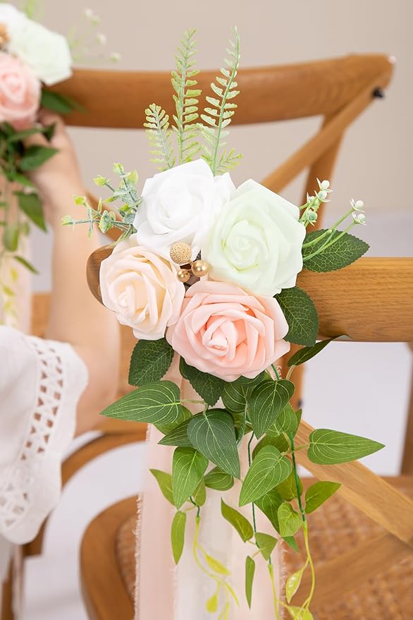 Artificial Pew Flowers, Pink Wedding Aisle Chair Decor, Set of 10