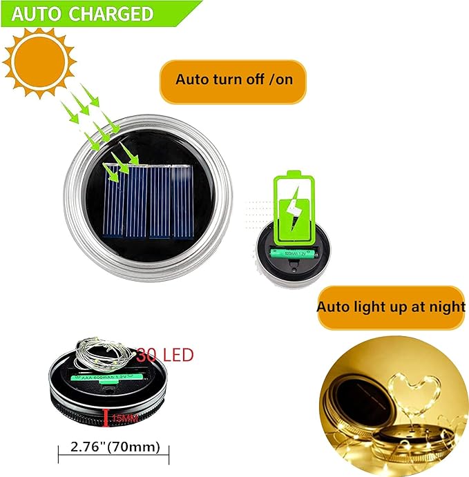 String Lights for Mason Jars, 12 Pack Solar Warm White LED Lid Lights