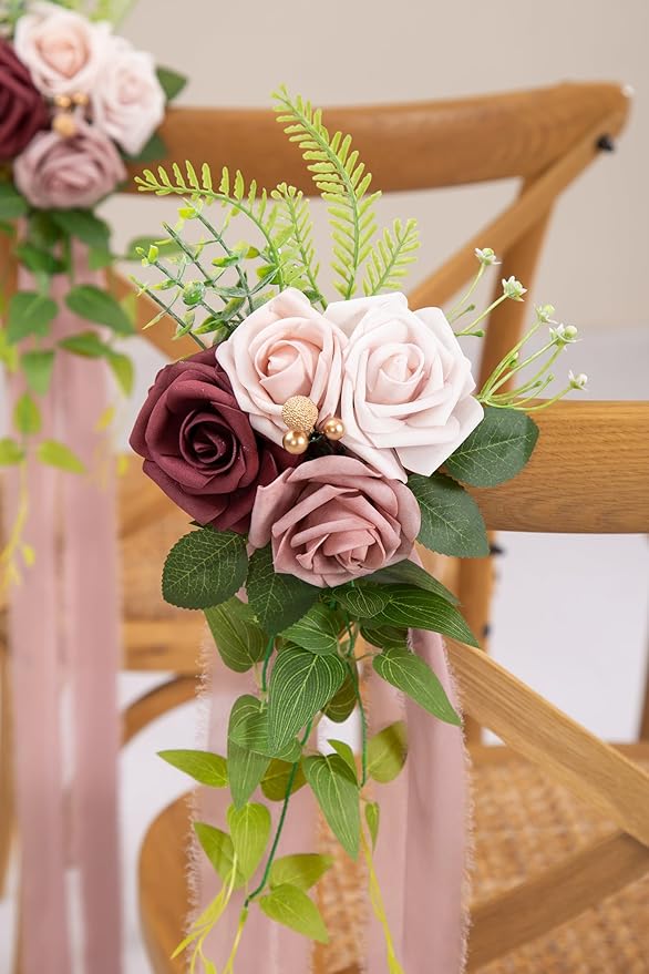Artificial Pew Flowers Set of 10 in Mauve with Roses for Chairs