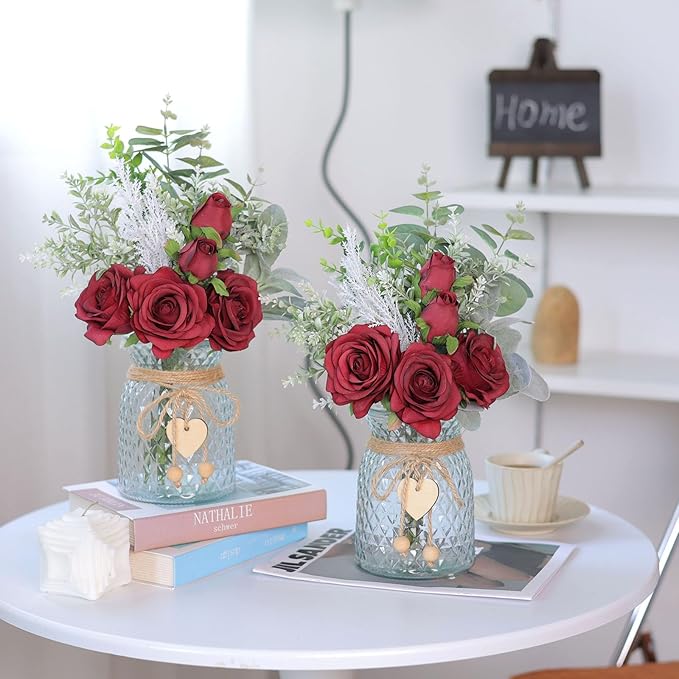 Artificial Flowers in Glass Vase, Burgundy Silk Rose Arrangement
