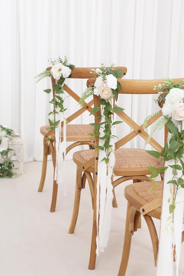 Artificial Rose Pew Flowers, Set of 10, White Wedding Aisle Chair Decor