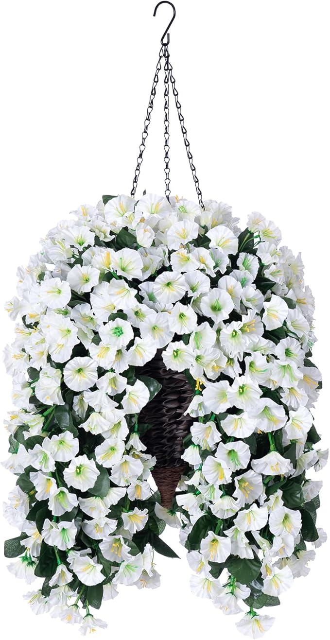 Artificial Flowers Hanging Basket, White Silk Orchid, 11 Inch Tall