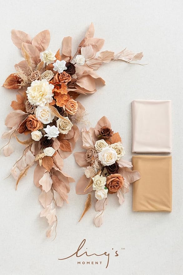 Artificial Flower Arch Decor Set, 4 Pieces, Ivory and White Drapes