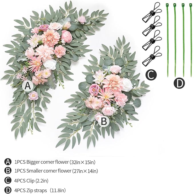 Artificial Flowers Wedding Arch Swag Kit, Romantic Pink Silk, 2-Pack
