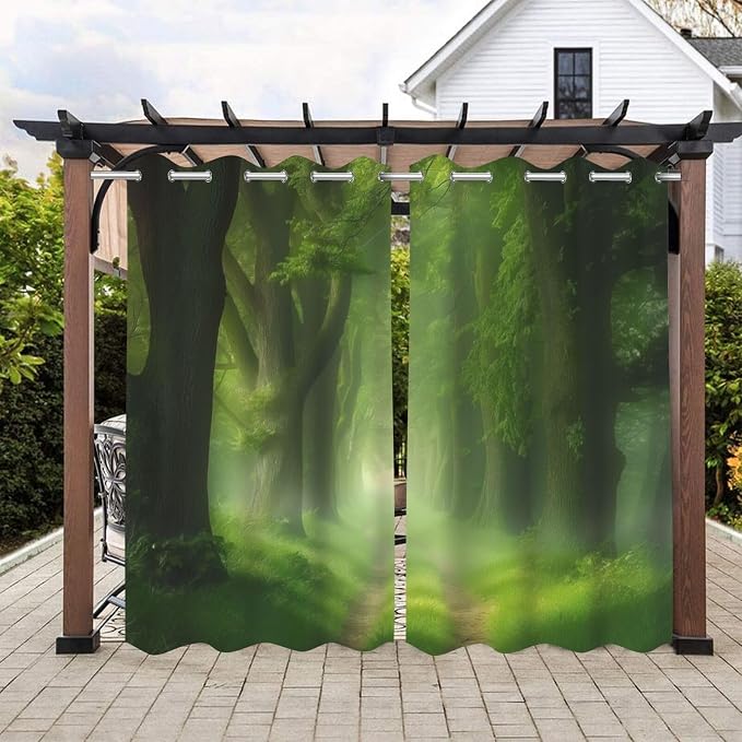 Forest Theme Outdoor Curtains for Patio Waterproof, Dawn Trees Jungle Pattern by Lirduipu