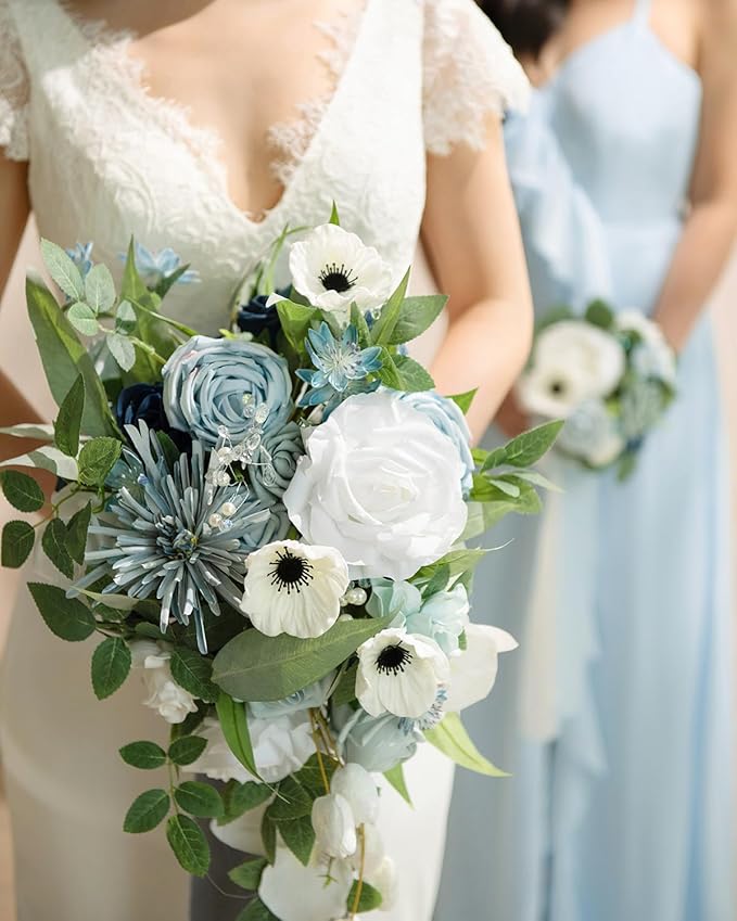 Artificial Bridal Bouquet, Dusty Blue Cascade with Pearls, 15 Inch