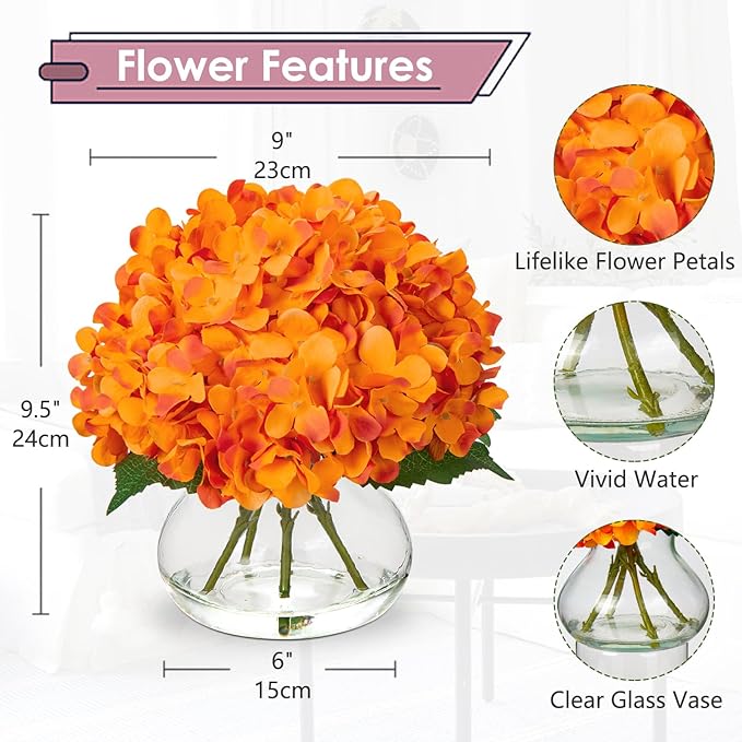 Artificial Hydrangea Flowers with Glass Vase, Orange Silk Arrangement