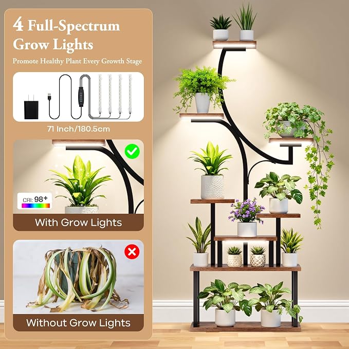 Plant Stand Indoor with 4 Grow Lights & 3 Colors, 8 Tiered Corner Plant Shelf - Image 3