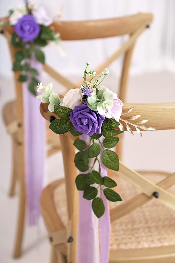 Artificial Flowers for Wedding Aisle Chairs, Set of 10, Purple
