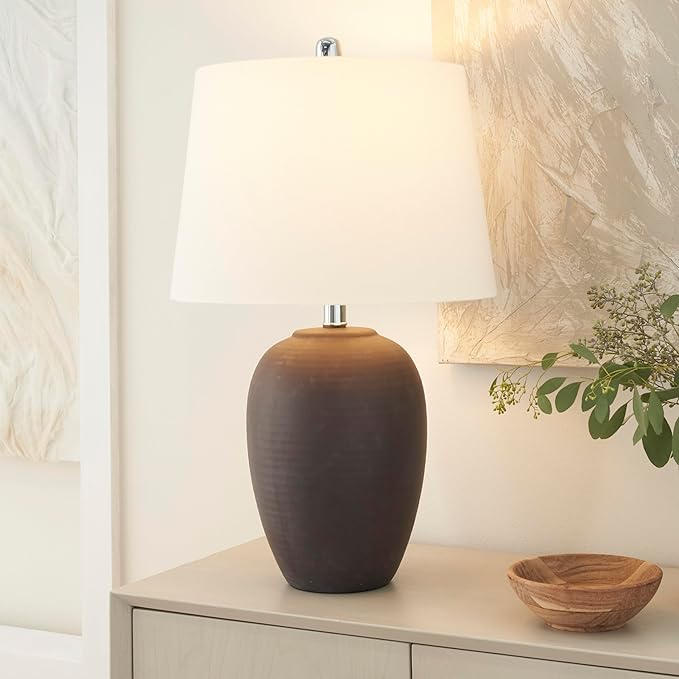 Table Lamp, Eggplant Purple Ceramic Base with White Cotton Shade