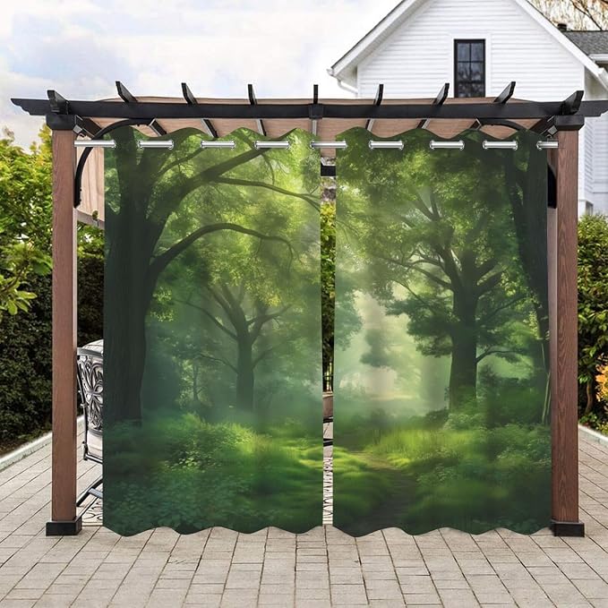 Forest Theme Outdoor Curtains for Patio Waterproof, Dawn Trees Jungle Pattern by Lirduipu