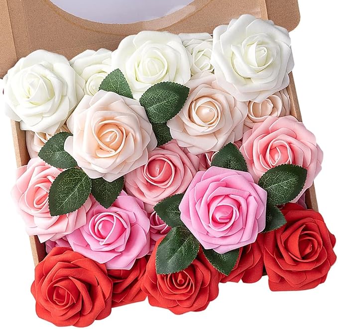 Artificial Flowers, 50 Foam Roses with Bendable Wire Stems
