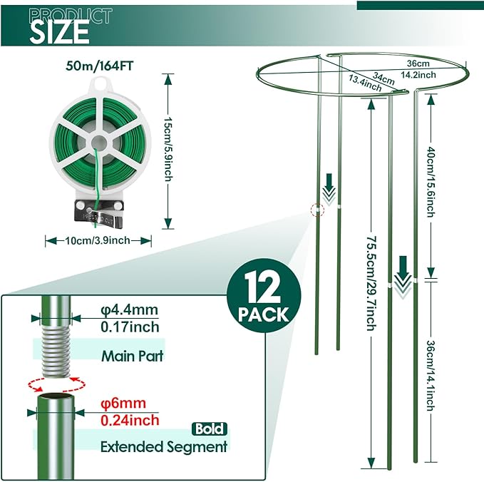 Plant Support Cages, 12 Half Round Green Iron Stakes with Ties