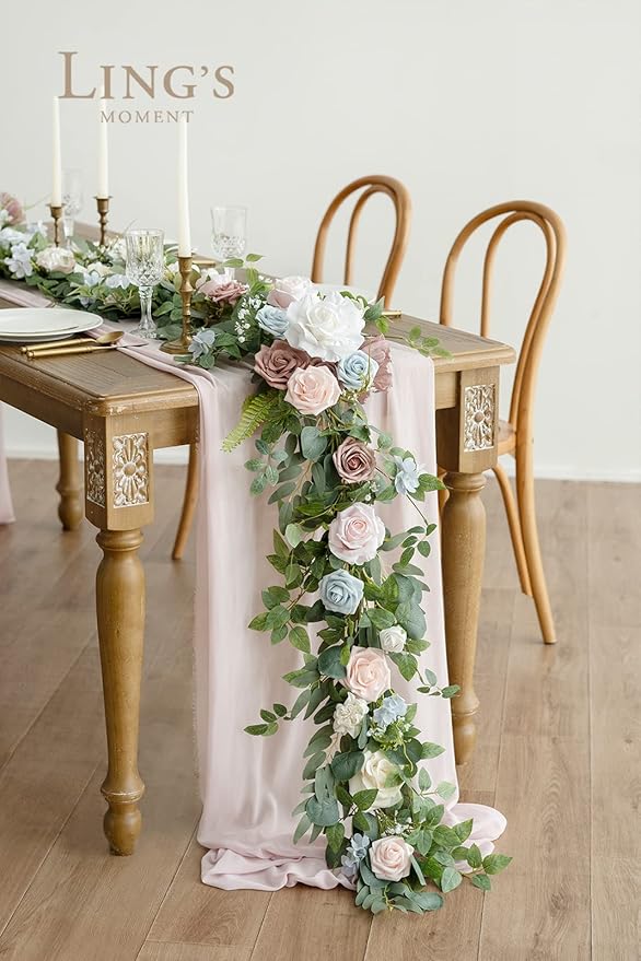 Artificial Flowers Garland, 6 Ft Eucalyptus and Rose, Blush Powder Blue