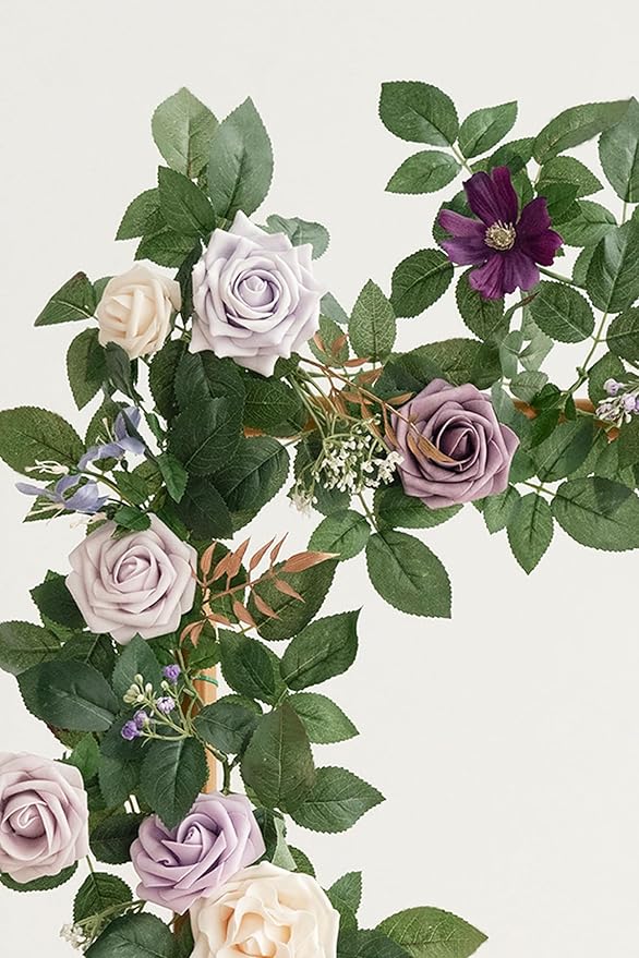Artificial Flower Garland 5 Ft Purple Rose Vine with Green Leaves