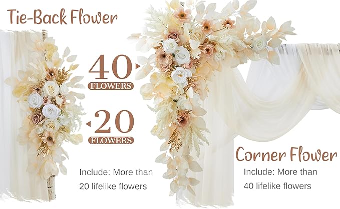 Artificial Flowers Wedding Arch Kit, Beige Silk Roses with Sheer Drapes