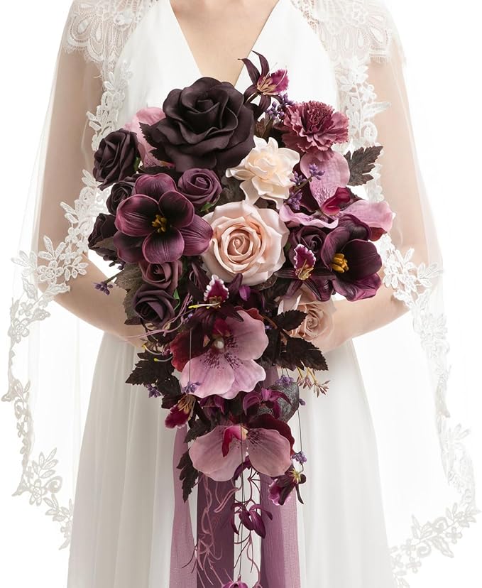 Artificial Flowers Bridal Bouquet, Deep Plum Silk Cascade, 13 Inch Wide