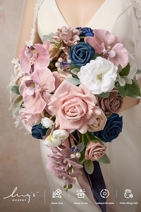 Artificial Flowers Bridal Bouquet, Dusty Rose and Navy Cascade