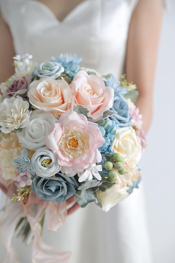 Artificial Flower Set in Blue and Pink, Faux Silk, 32 Heads and 40 Stems
