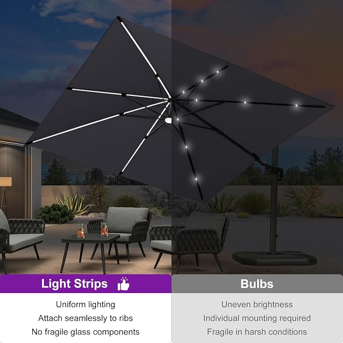 PURPLE LEAF 10 Feet Patio Umbrella Outdoor Cantilever Solar Powered LED Swivel - Image 3