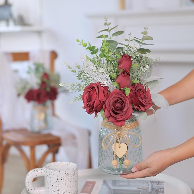 Artificial Flowers in Glass Vase, Burgundy Silk Rose Arrangement