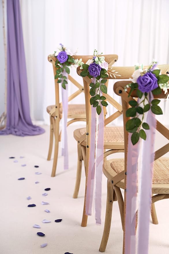 Artificial Flowers for Wedding Aisle Chairs, Set of 10, Purple