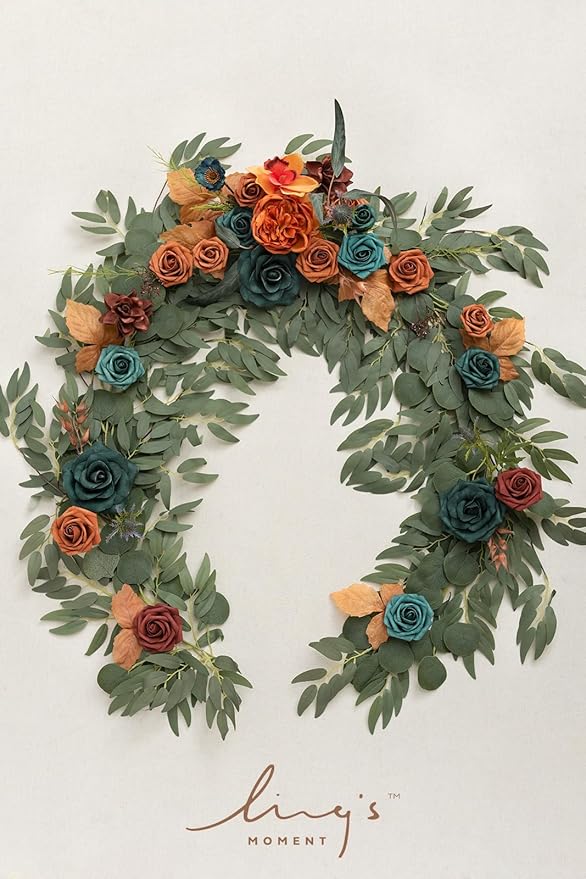 Artificial Flower Garland 6 Ft Dark Teal and Burnt Orange Eucalyptus