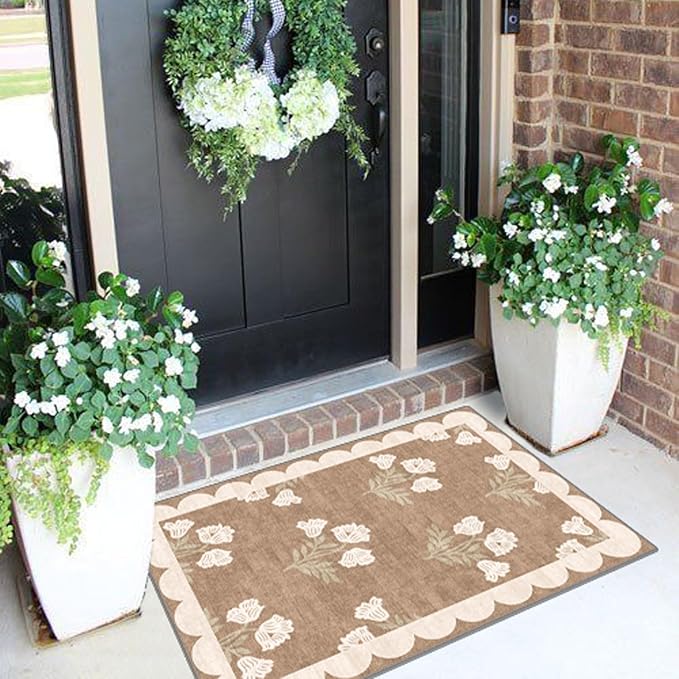 Outdoor Rugs Tan Floral Door Mat, Non-Slip 2 x 3 ft Polyester