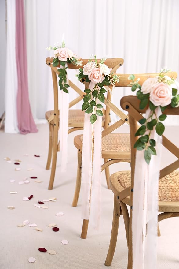 Artificial Flowers Pew Decor Set of 10, Pink Roses with 70cm Ties