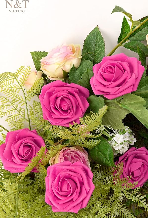 Artificial Flowers Hot Pink Foam Roses with Wire Stems, 50 Pcs