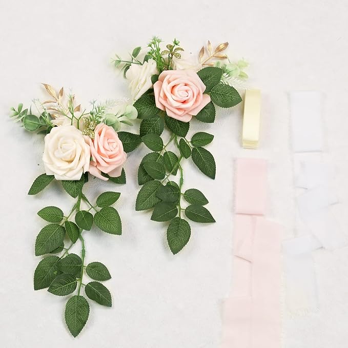 Artificial Flowers Pew Decor Set of 10, Pink Roses with 70cm Ties