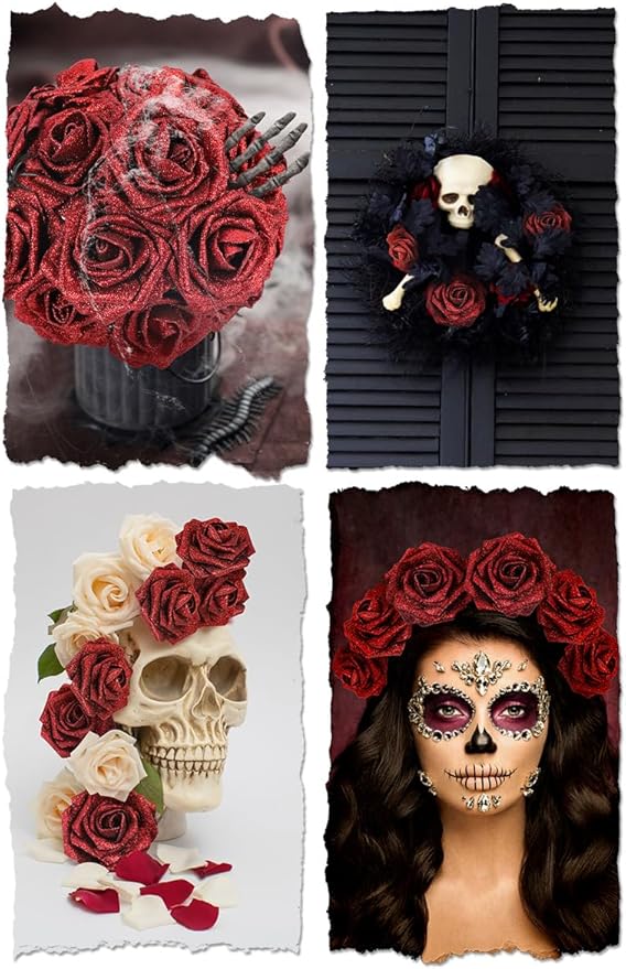 Artificial Flowers: Glitter Red Foam Roses, 3-Inch Heads, 8.2-Inch Stems