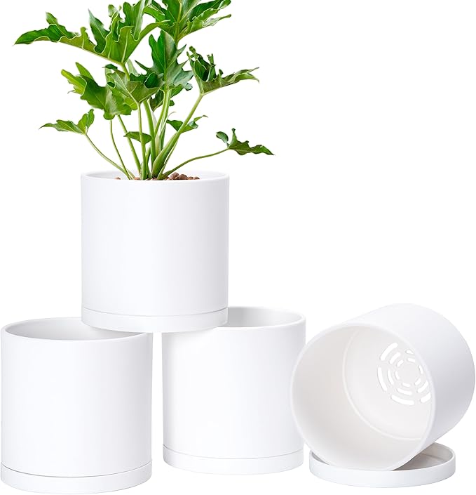Planter Pots 4-Pack Matte White Modern Plastic with Saucers, 6-Inch