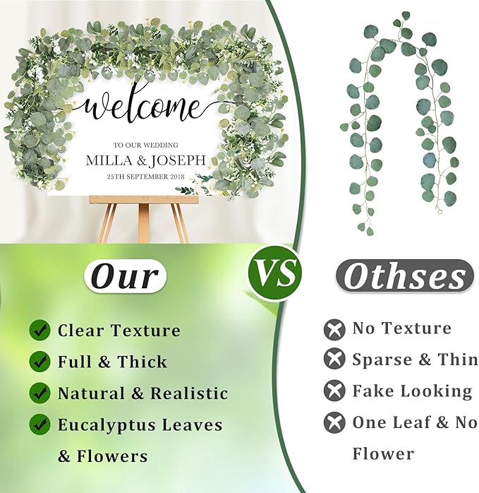 Artificial Greenery Garland, 6 ft Eucalyptus Vine with White Blooms