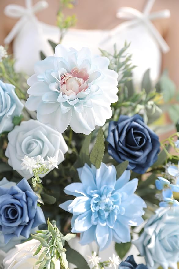 Artificial Flowers in Light and Navy Blue, Faux Silk and Foam Mix