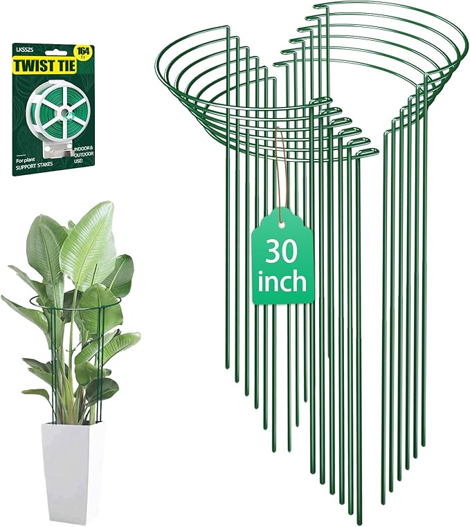 Plant Support Cages, 12 Half Round Green Iron Stakes with Ties