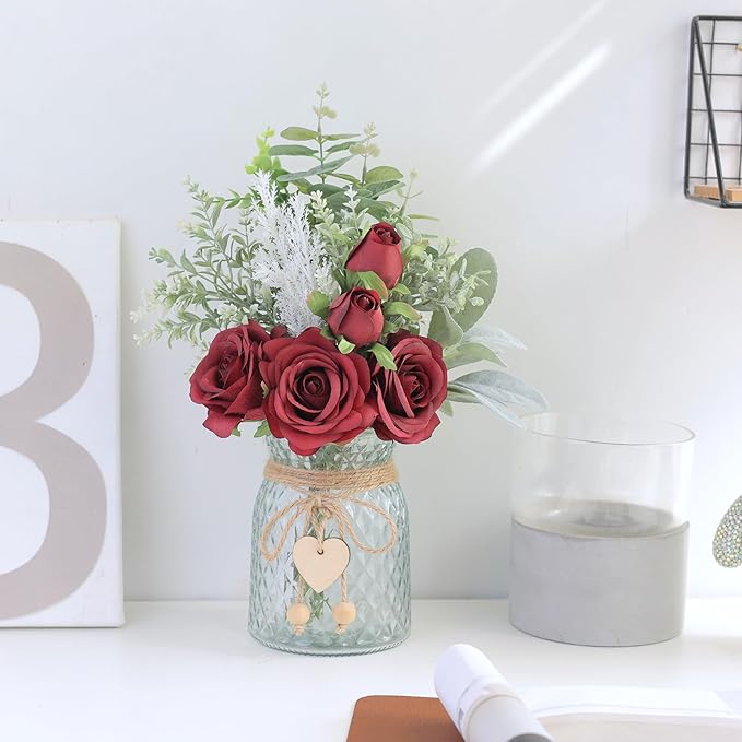 Artificial Flowers in Glass Vase, Burgundy Silk Rose Arrangement