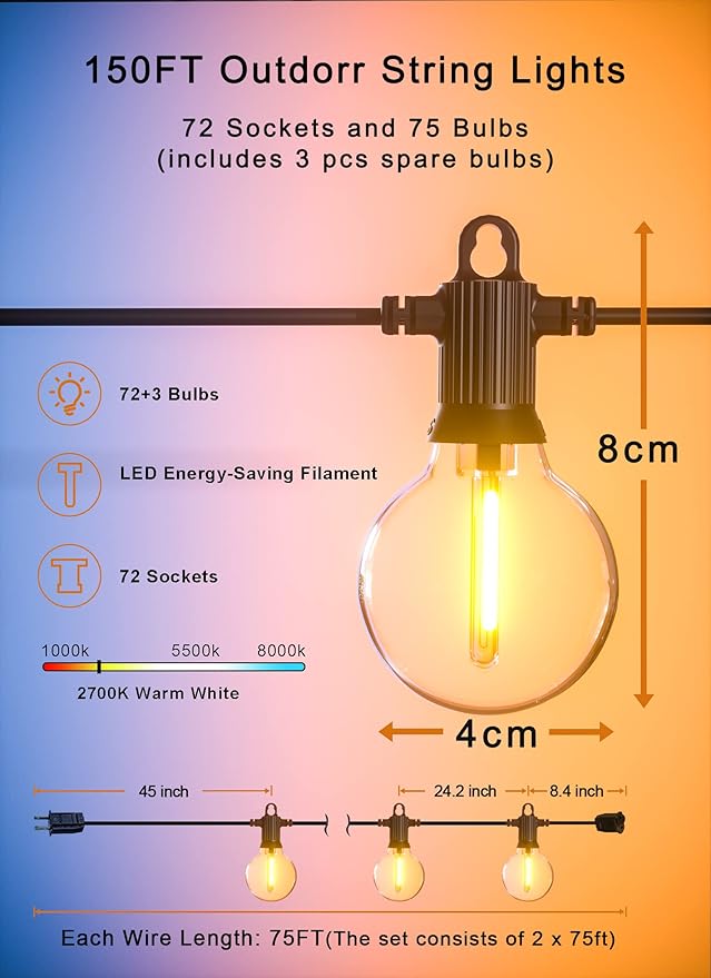 String Lights, 150 Ft Warm White LED with 75 Shatterproof G40 Bulbs