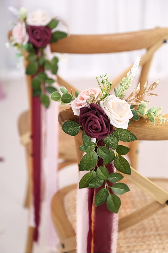 Artificial Flowers Wedding Chair Decor, Burgundy Roses, 10 Pack